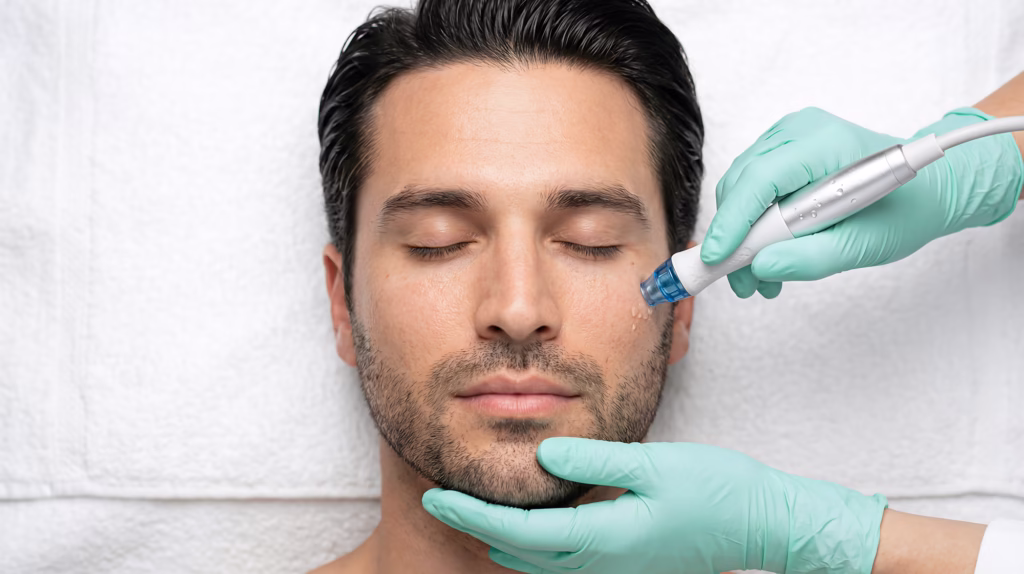 Man receiving a subtle facial aesthetic treatment, representing modern male aesthetic care and natural rejuvenation